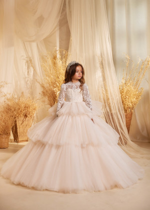 High Neck Ivory Beaded Lace Tulle Flower Girl Dress